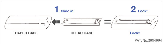 図解1：side in 紙台紙にクリアケースをスライドして差し込みます。図解2：Lock!!紙台紙とクリアケースがロックして外れません。PAT.No.3954994